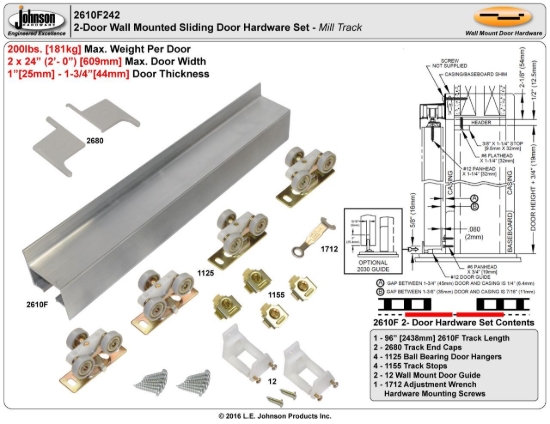 Picture of 2610F242 2610F 2-Door Hardware Set, Ball Bearing Hangers, 96" (2438mm) Mill Finish Track