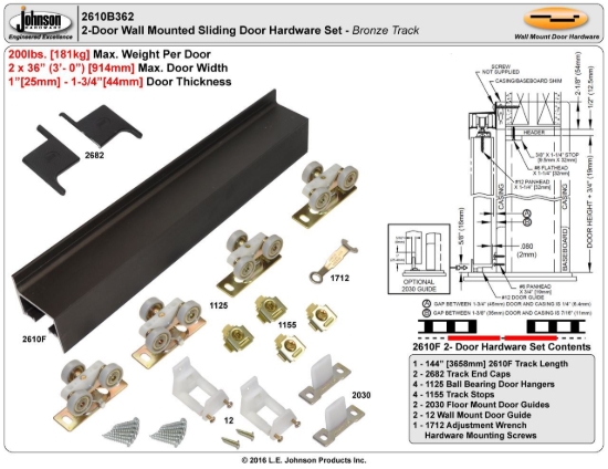 Picture of 2610B362 2610FB 2-Door Hardware Set, Ball Bearing Hangers, 144" (3658mm) Bronze Track