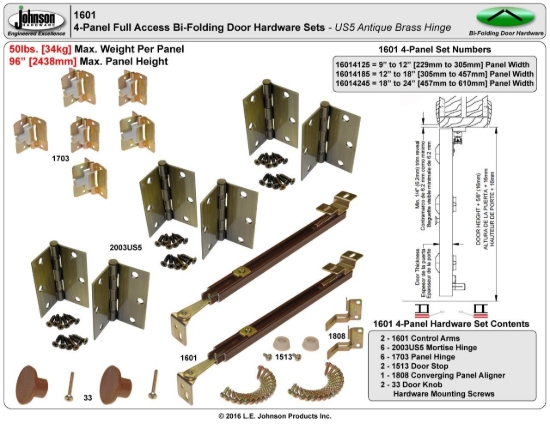 Picture of 16014245 1601 4-Panel US5 Mortise Hinge Hardware Set, 18" [457mm] to 24" [610mm] Panel