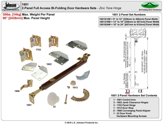 Picture of 1601824W 1601 2-Panel White Non-Mortise Hinge Hardware Set, 18" [457mm] to 24" [610mm] Panel