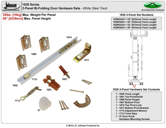Picture of 182W243H 1825 2-Panel Hardware Set, 24" 2/0 [610mm] White Track Length