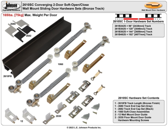 Picture of 261B362S 2610SC 2-Door Soft Operation Hardware Set, 144" (3658mm) Bronze Track