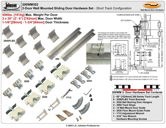 Picture of 200WM302 200WM 30" 2-Door Hardware Set, 60" 5/0 [1524mm] x 2 Track