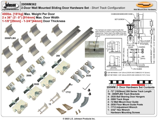 Picture of 200WM362 200WM 36" 2-Door Hardware Set, 72" 6/0 [1829mm] x 2 Track