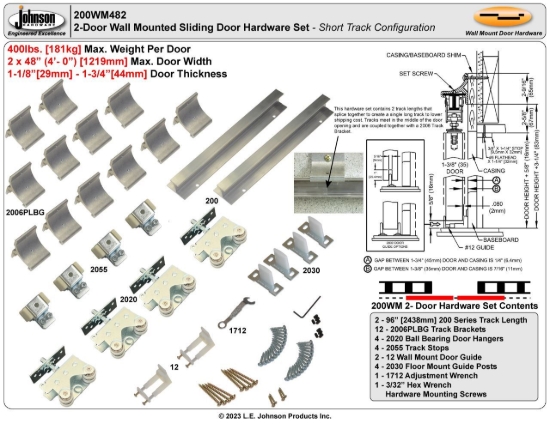 Picture of 200WM482 200WM 48" 2-Door Hardware Set, 96" 8/0 [2438mm] x 2 Track