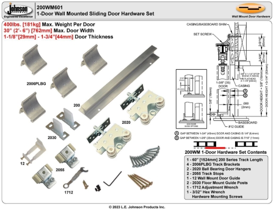 Picture of Copy of 200WM601 200WM 1-Door Hardware Set, 60" (1524mm) Track